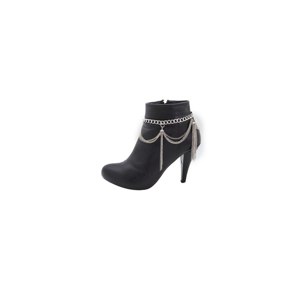 Women Silver Metal Chain Boot Bracelet Miami Beach Shoe Tassel Fringe Charms - Picture 8 of 12